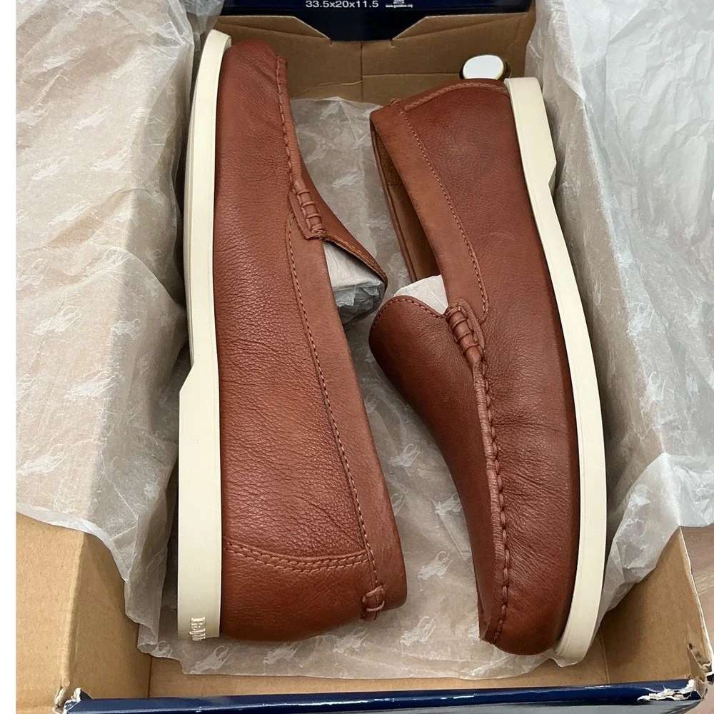 Polo Ralph Lauren Mens Pebbled Leather Loafers Tan Brown Moc Toe Slip On Shoes